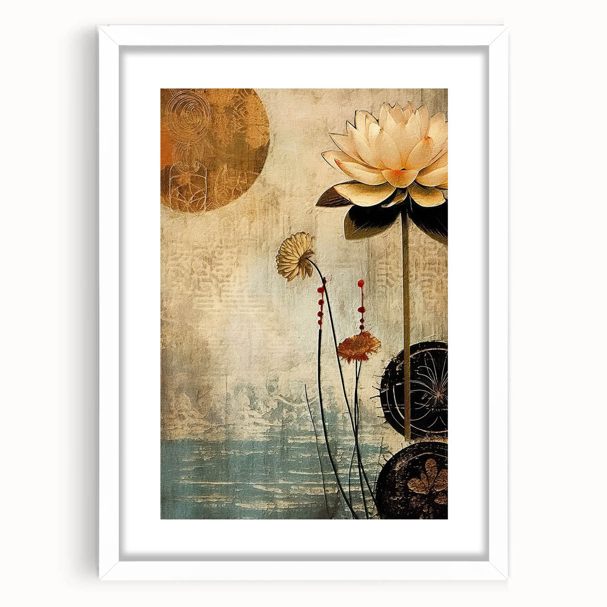 Abstract floral wall art framed in white with a mat, showcasing vibrant colors and intricate designs, perfect for modern home decor or office spaces.