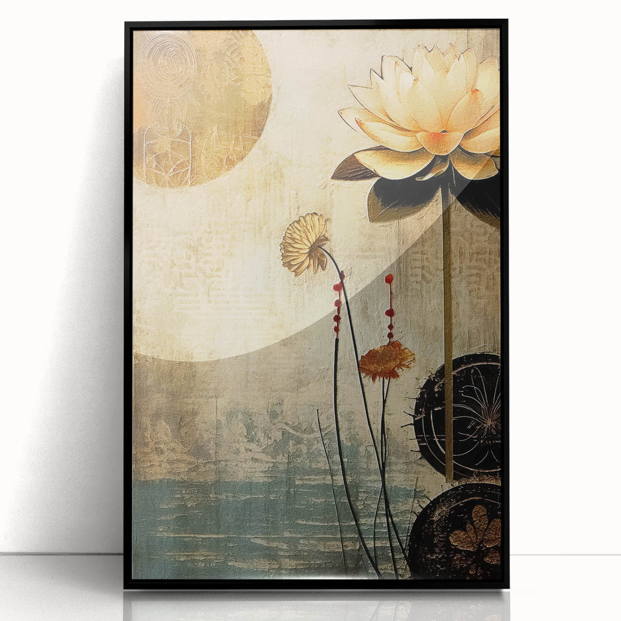 Framed abstract floral wall art featuring vibrant colors and intricate designs, set in a sleek black frame, ideal for modern home decor and artistic flair.