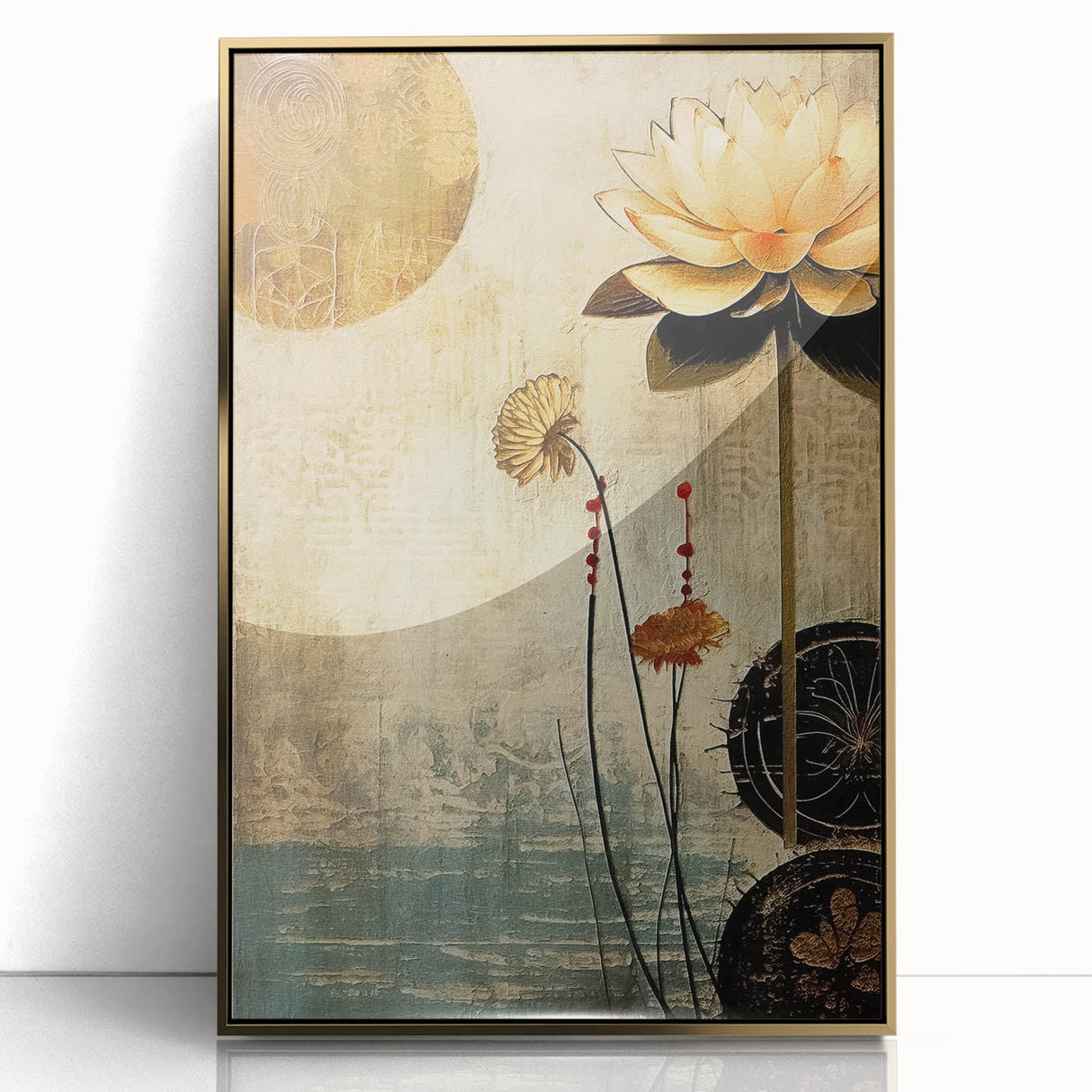 Framed wall art showcasing an abstract floral design in vibrant colors with gold accents, perfect for enhancing modern home decor. Ideal for living rooms and offices.