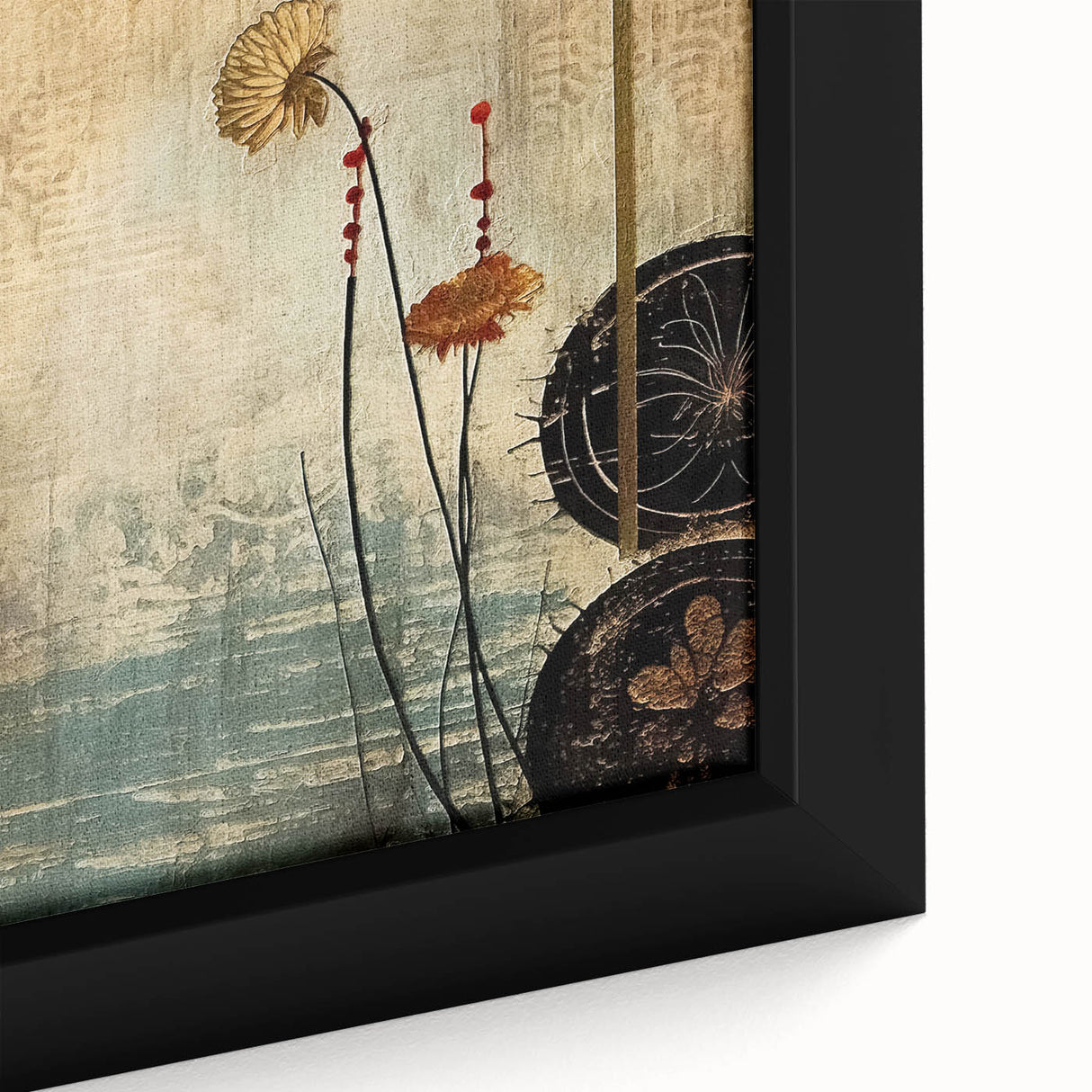 Close-up of a framed canvas wall art showcasing vibrant abstract floral designs in shades of blue, pink, and gold, ideal for modern home decor accents.