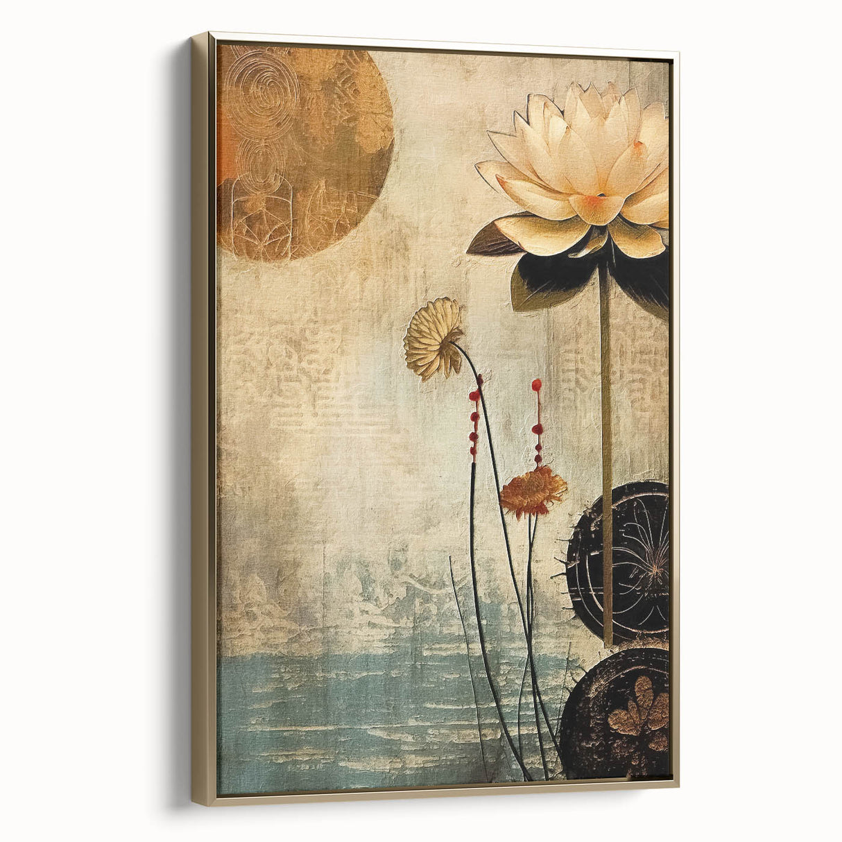 Framed abstract floral wall art featuring vibrant gold accents and intricate designs, displayed in a stylish setting to enhance home decor aesthetics.