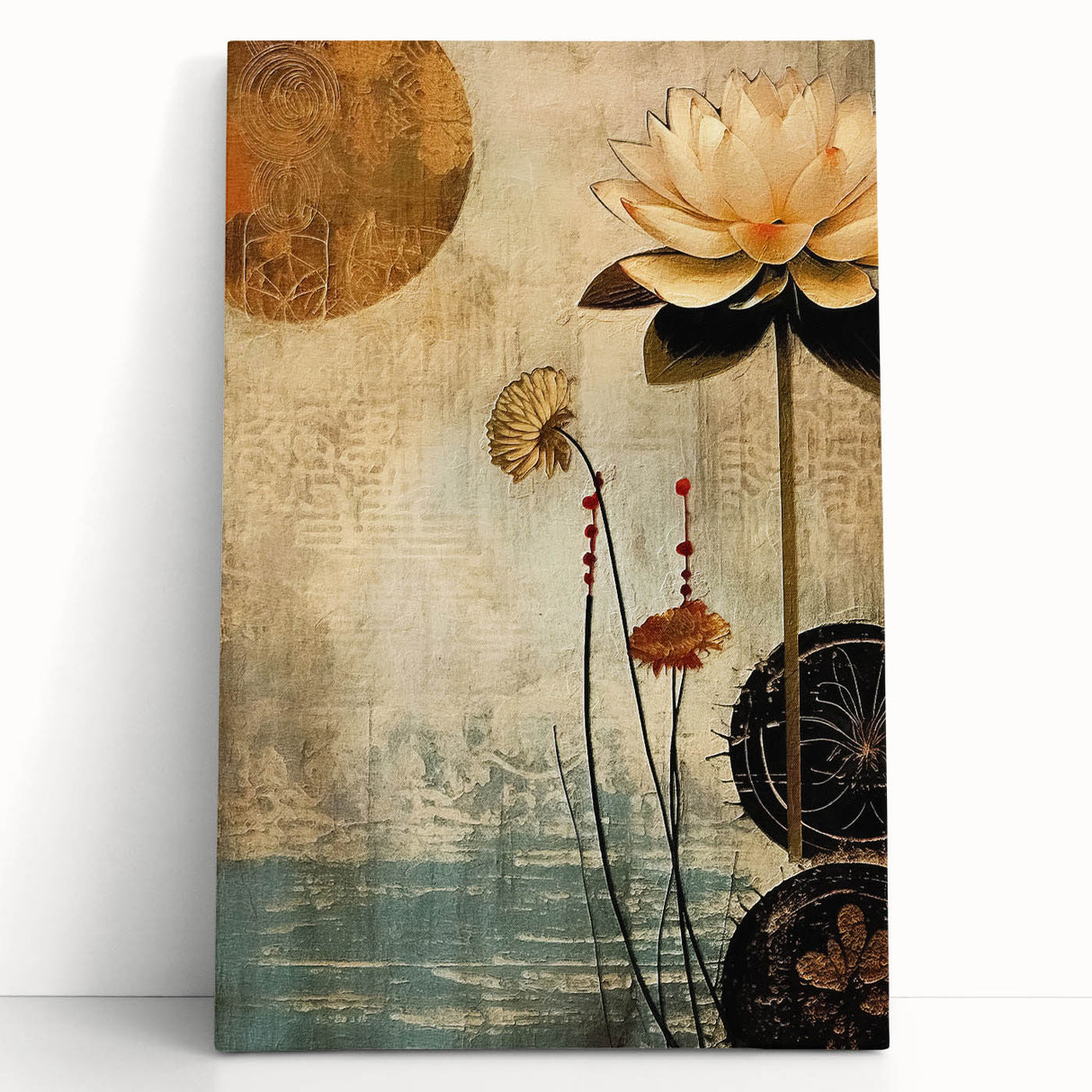 Abstract floral wall art on stretched canvas, showcasing vibrant colors and intricate designs, leaning against a neutral background, ideal for modern decor.