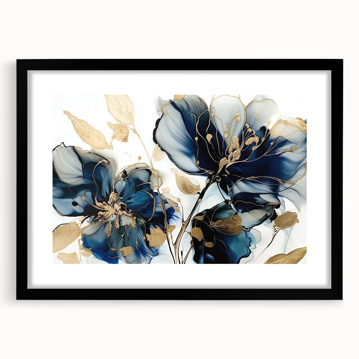 Abstract floral wall art framed in black with a mat, showcasing vibrant colors and intricate designs, ideal for modern home decor. Perfect for adding sophistication to any room.