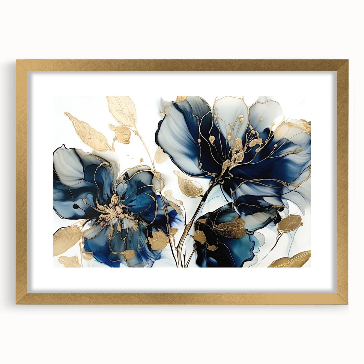 Abstract floral wall art framed in gold with a mat, showcasing vibrant colors and intricate designs, perfect for enhancing modern home decor aesthetics.