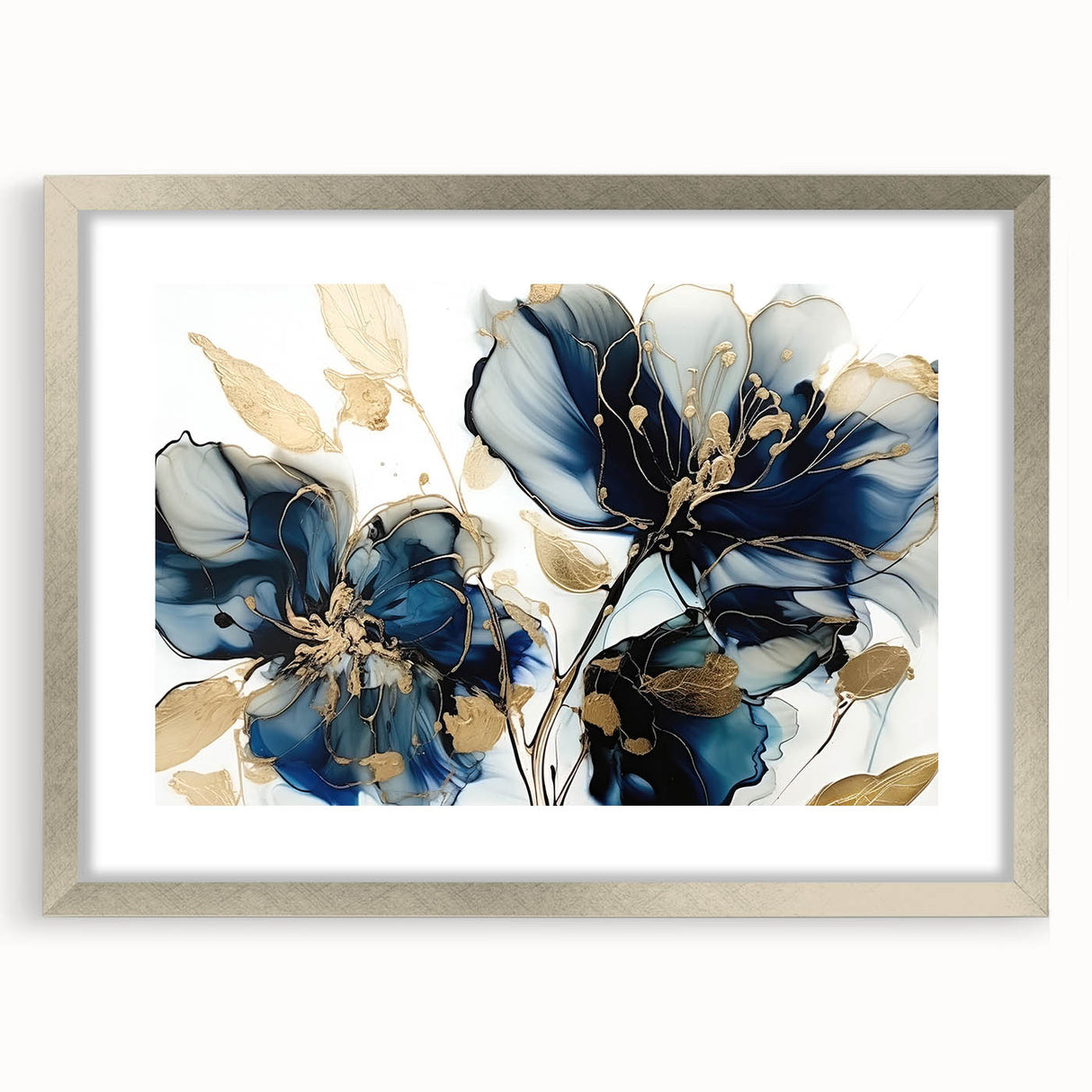 Abstract floral wall art framed in silver with a white mat, showcasing vibrant colors and intricate designs, perfect for home decor enhancement.