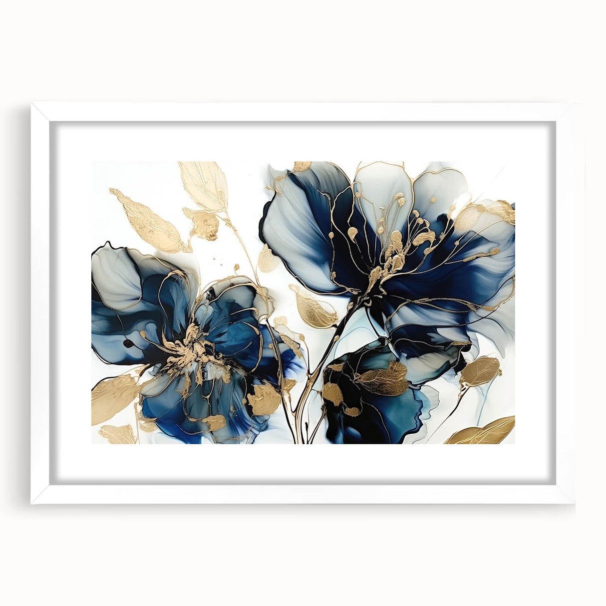Abstract floral wall art framed in white with a mat, showcasing vibrant colors and intricate designs, perfect for enhancing modern home decor.