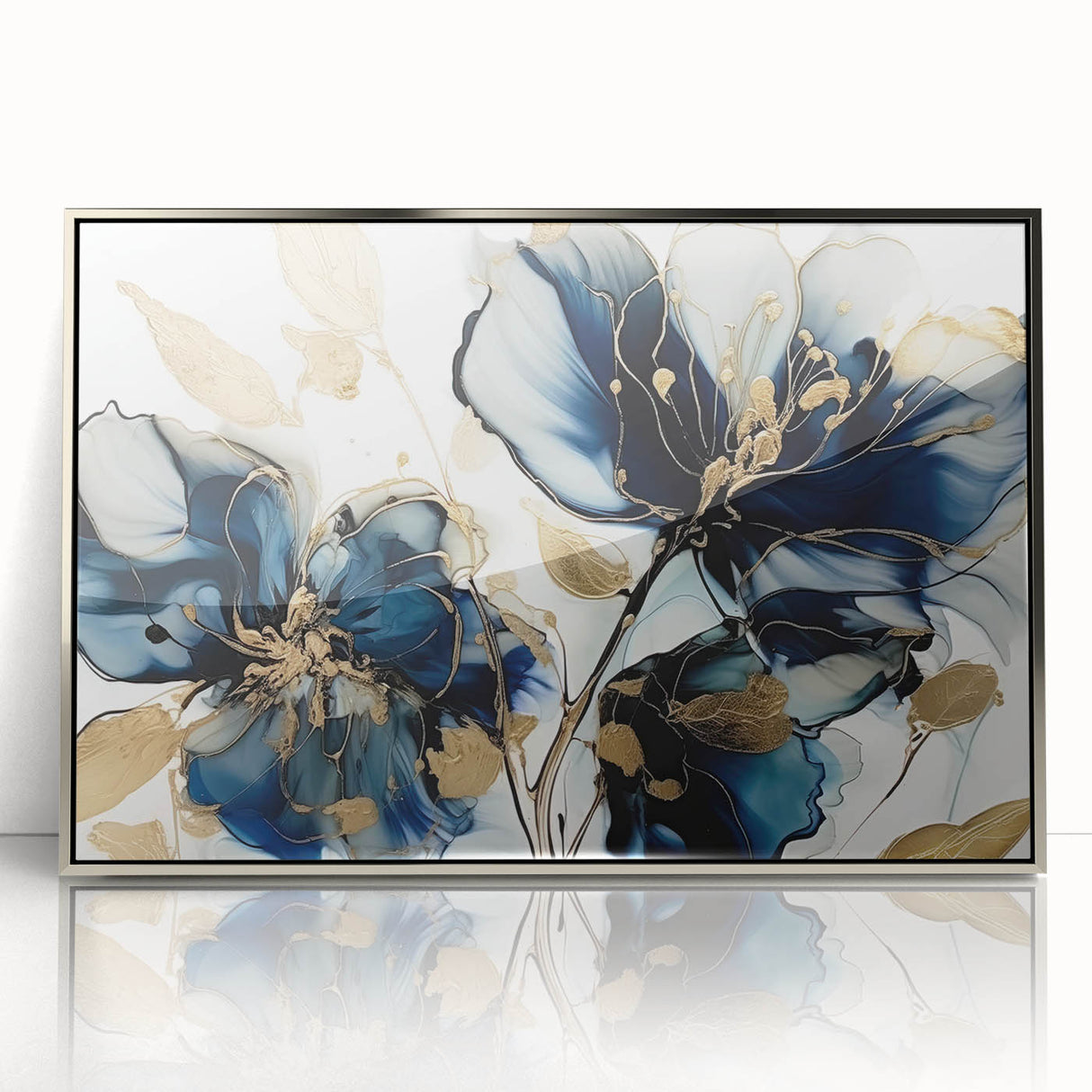 Framed abstract floral wall art featuring vibrant colors and modern design, set in a sleek silver frame, perfect for enhancing contemporary home decor.