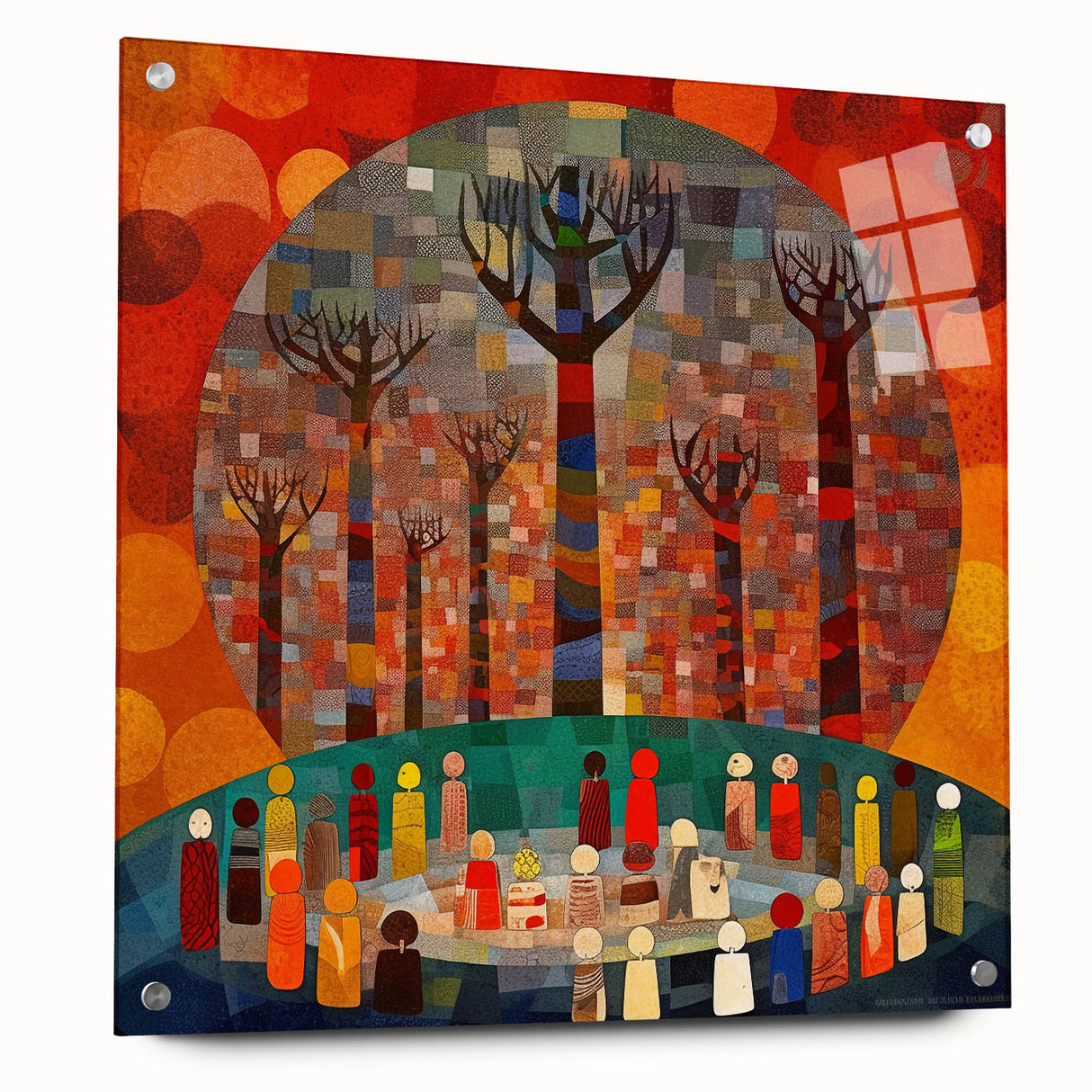 Abstract wall art design featuring colorful strokes on acrylic glass, displayed in a modern setting with mounting pins. Ideal for contemporary decor and artistic spaces.