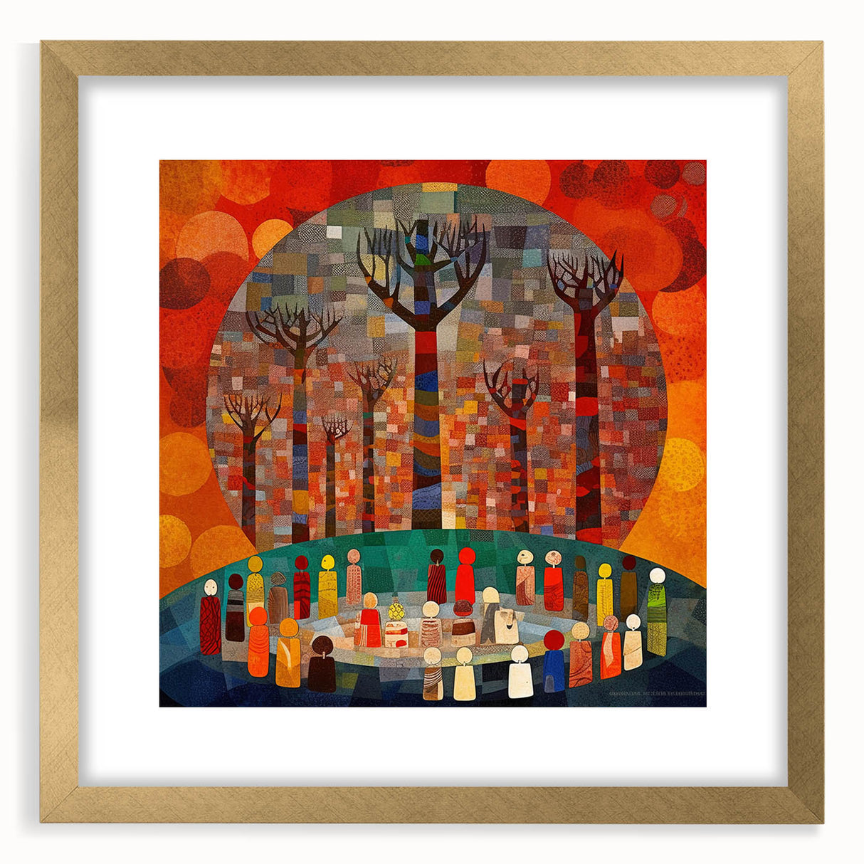 Abstract wall art featuring colorful strokes in a gold frame with a mat, perfect for modern home decor, enhancing interior aesthetics with vibrant design.