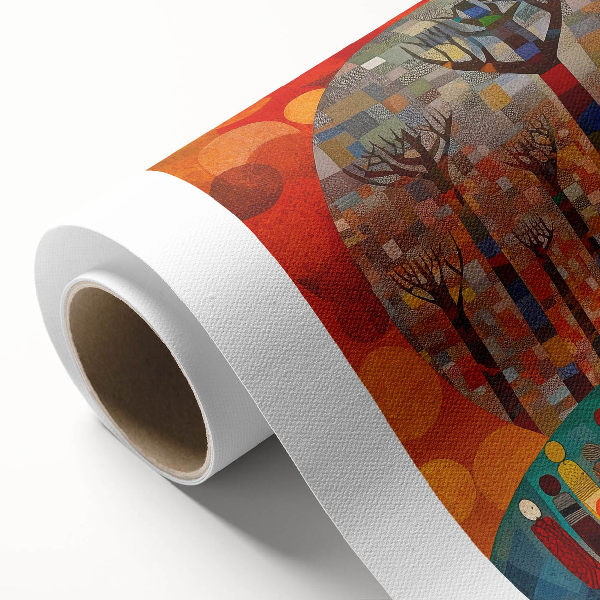 Abstract wall art on rolled canvas showcasing vibrant multicolored strokes in shades of blue, orange, and green, perfect for modern home decor and artistic expression.