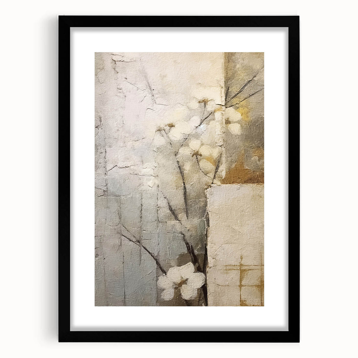 Abstract floral wall art framed in black with a white mat, showcasing vibrant colors and intricate designs, perfect for modern home decor and aesthetic enhancement.