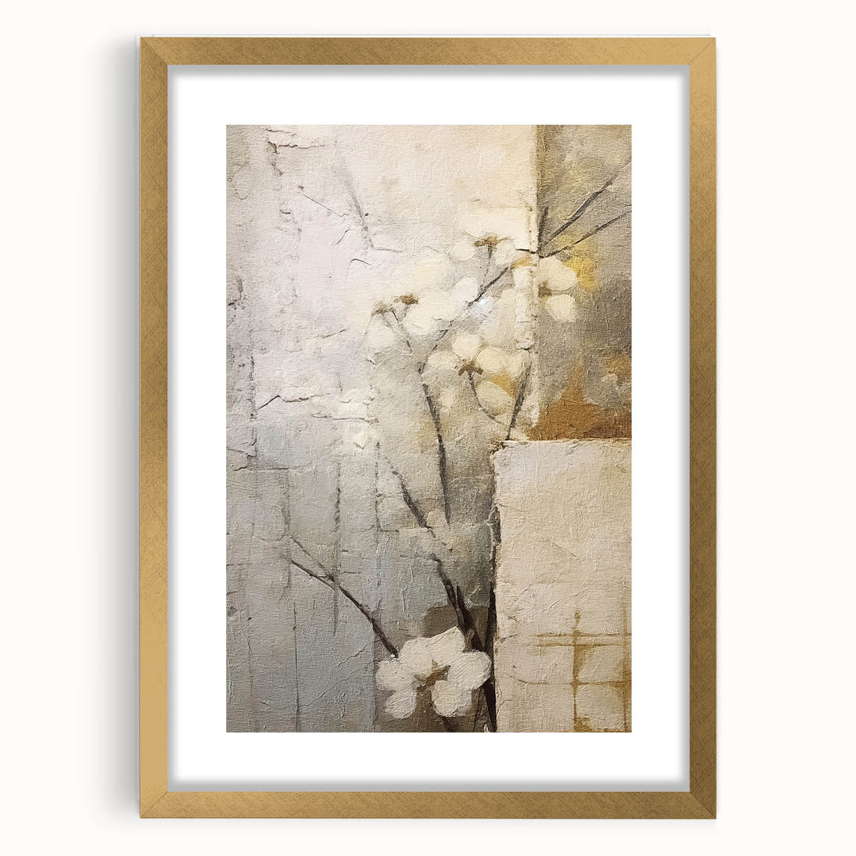 Abstract floral wall art framed in gold, showcasing vibrant colors and intricate patterns, enhancing modern decor in living spaces. Mat included for a polished finish.