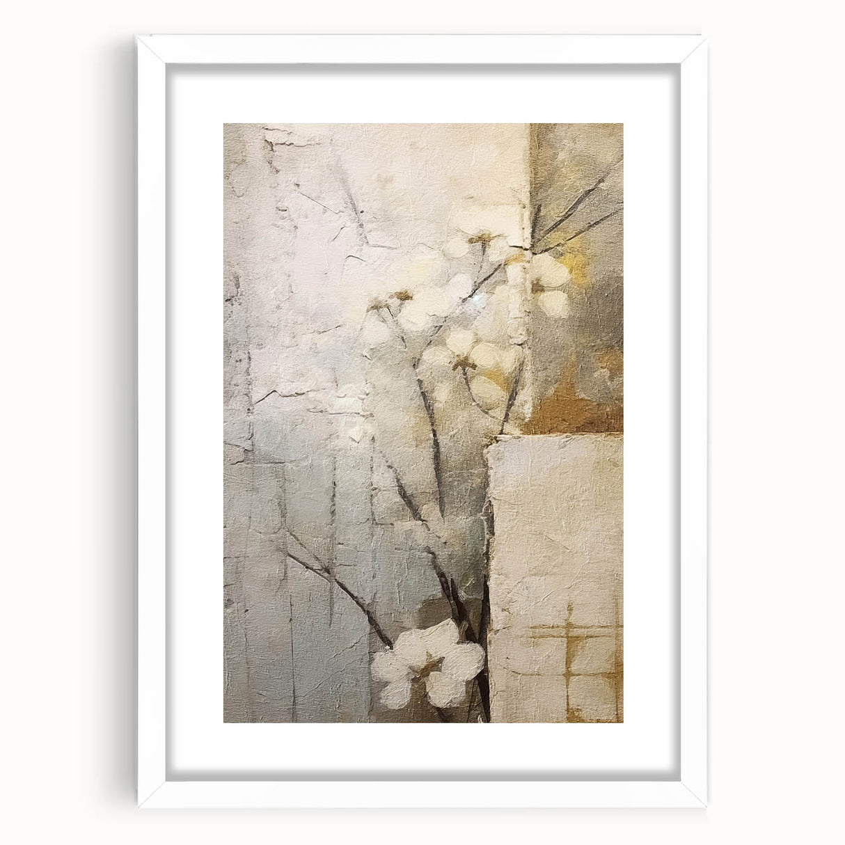 Abstract floral wall art print featuring vibrant colors and intricate designs, framed with a white mat, ideal for modern home decor and enhancing interior aesthetics.