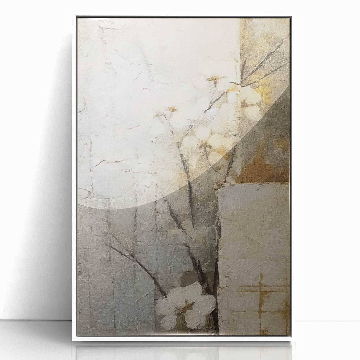 Framed wall art showcasing a vibrant abstract floral design in shades of pink and blue, set against a sleek white background, perfect for modern home decor.