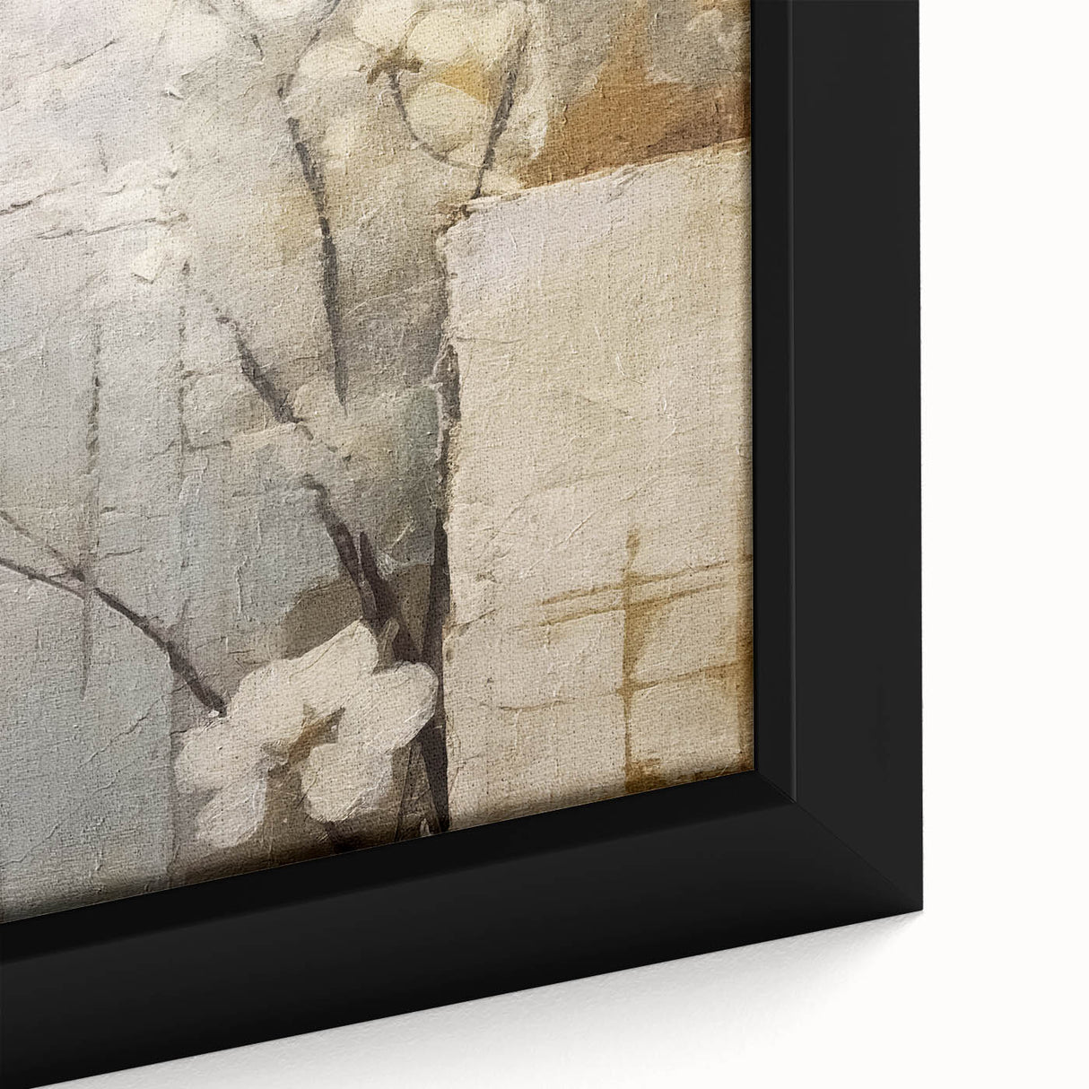 Close-up of a framed abstract floral wall art canvas with vibrant colors, featuring intricate floral patterns and textures, ideal for modern home decor.