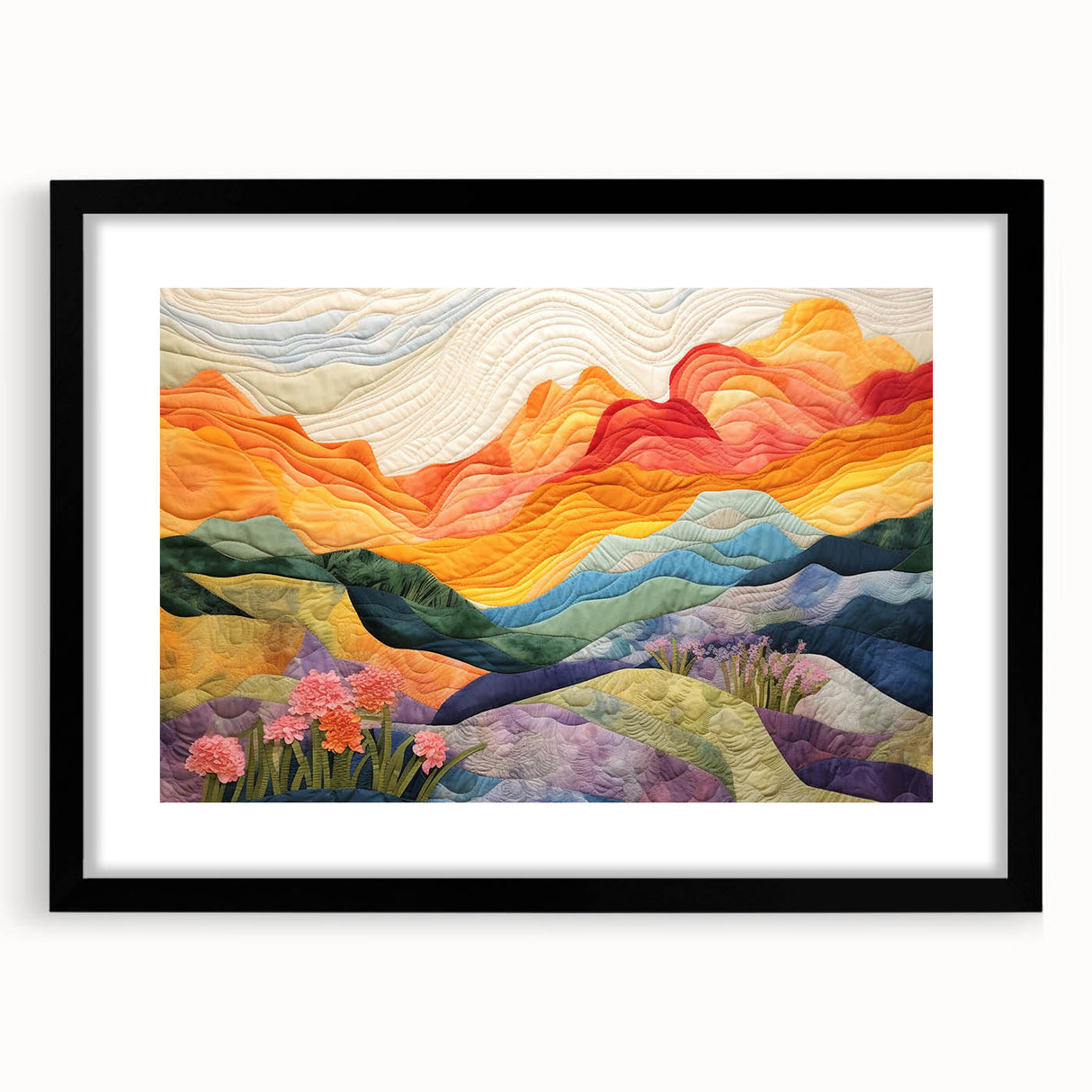 Abstract strokes wall art framed in black with a white mat, showcasing dynamic, colorful brushstrokes that enhance modern interior decor aesthetics.