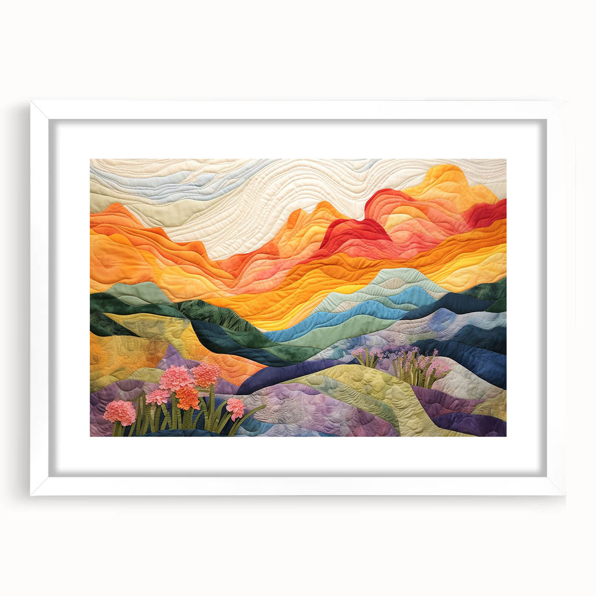 Abstract strokes wall art framed in white with a mat, showcasing vibrant colors and dynamic patterns, perfect for modern home decor. Ideal for enhancing interior aesthetics.