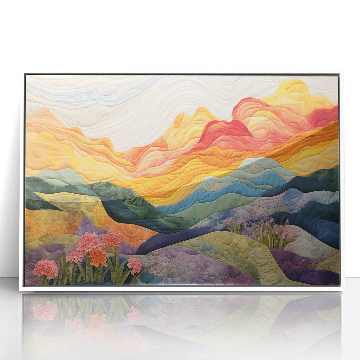 Framed abstract wall art featuring vibrant strokes in shades of blue, pink, and gold, enhancing modern decor with a sleek white frame, perfect for contemporary interiors.