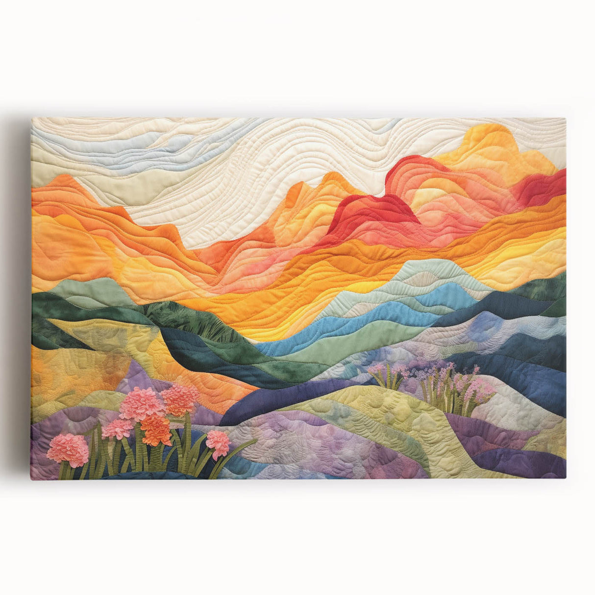 Abstract wall art featuring vibrant strokes in shades of blue, pink, and gold on a stretched canvas, perfect for modern home decor or office spaces.