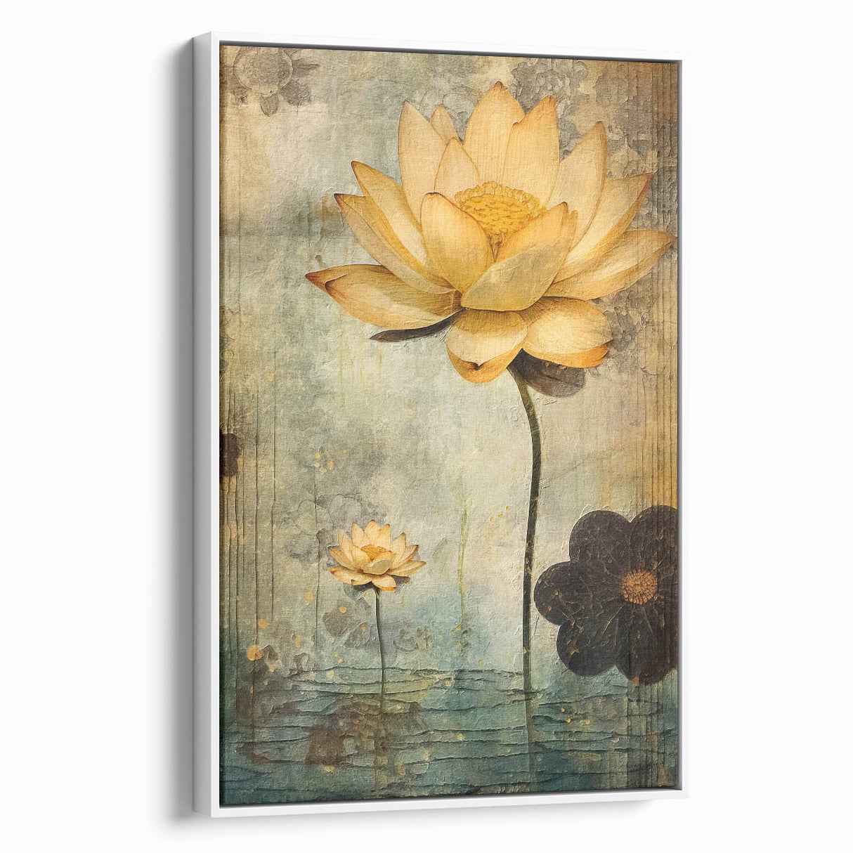 Framed canvas wall art displaying an abstract floral design with vibrant colors, showcased from a side view against a white background, perfect for modern decor.