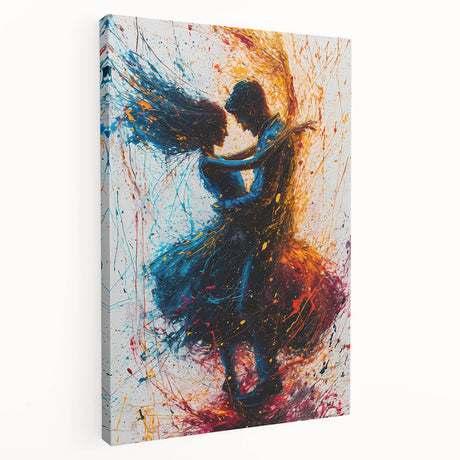 Abstract figurative wall art on stretched canvas, showcasing vibrant colors and dynamic shapes, perfect for modern home decor. Side view reveals canvas depth and texture, enhancing artistic appeal.
