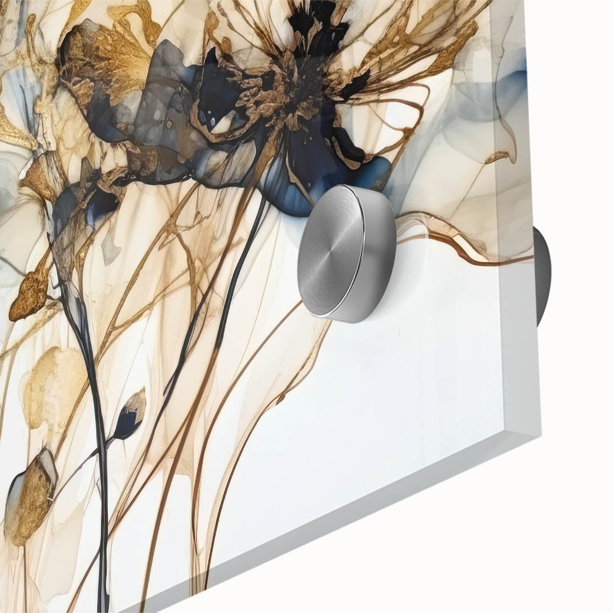 Close-up view of abstract floral wall art design printed on acrylic glass, showcasing vibrant colors and intricate details, ideal for modern home decor.