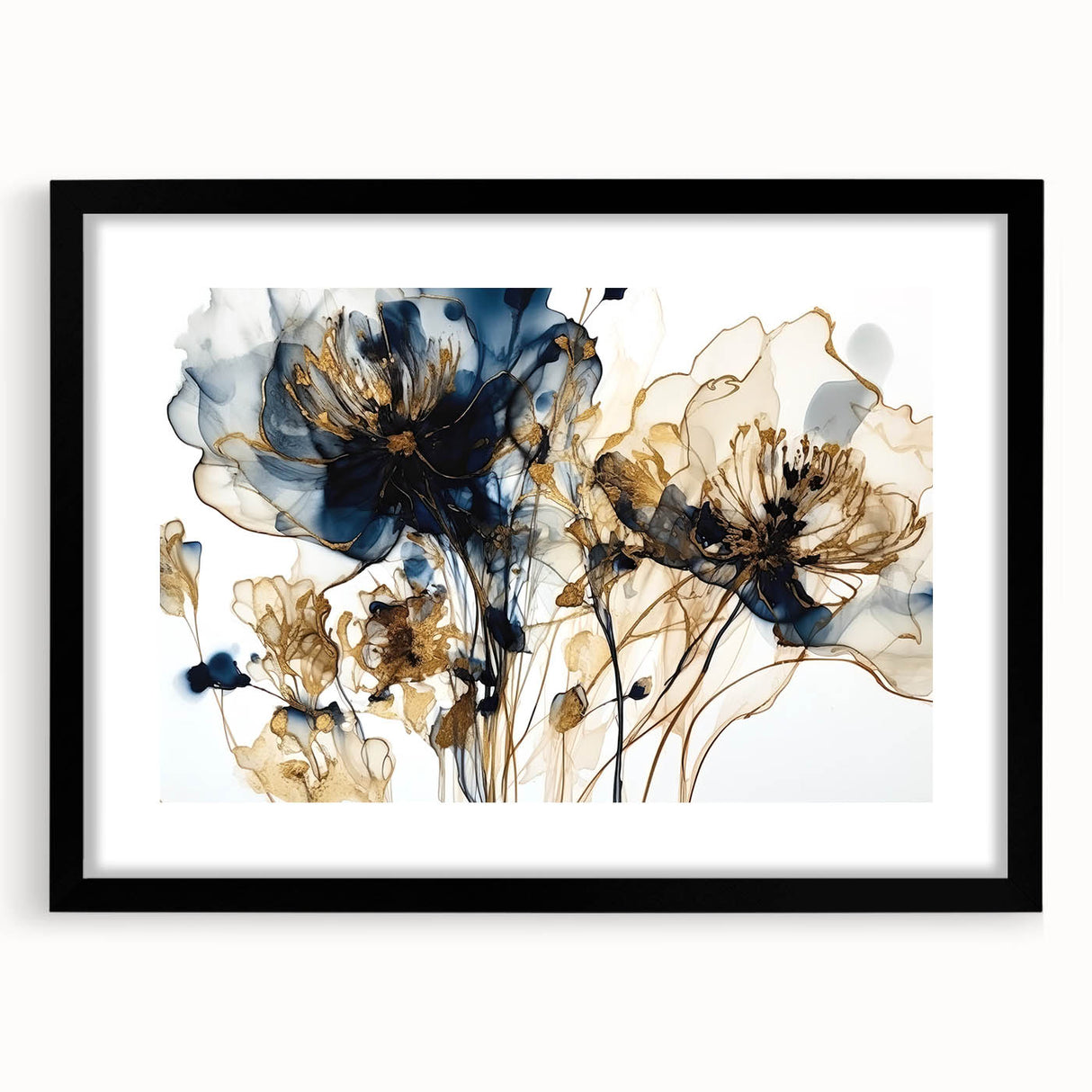 Abstract floral wall art framed in black with a white mat, showcasing vibrant colors and intricate designs, perfect for modern home decor.