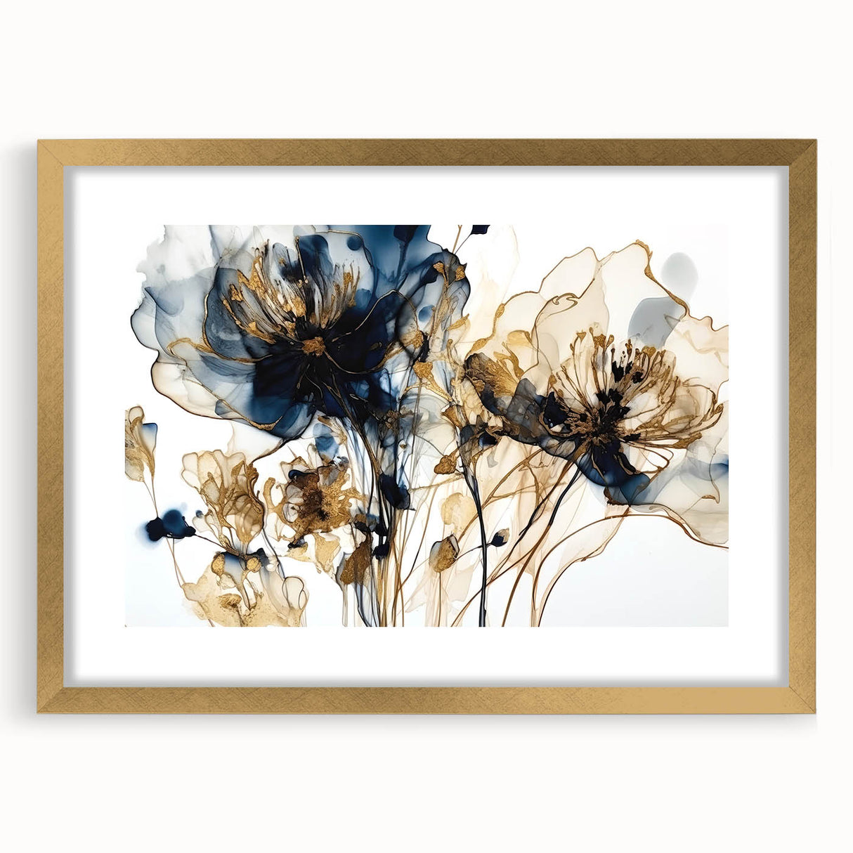 Abstract floral wall art framed in gold, showcasing vibrant colors and intricate designs, perfect for home decor enhancement and artistic expression.