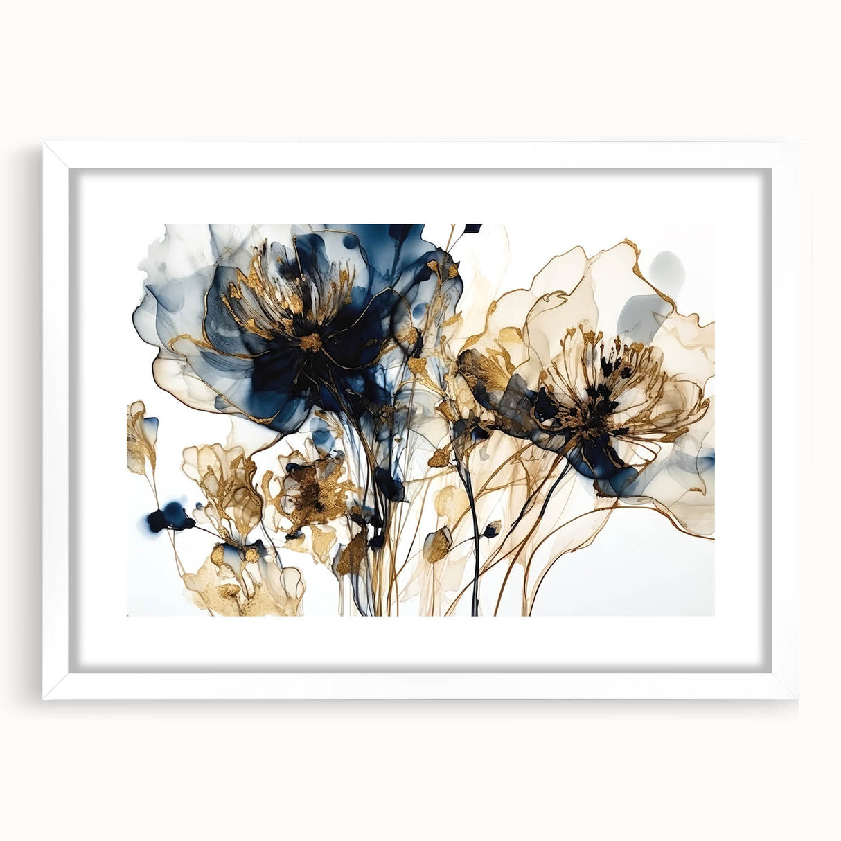 Abstract floral wall art framed in white, showcasing vibrant colors and intricate designs, perfect for enhancing modern home decor and adding a touch of elegance.