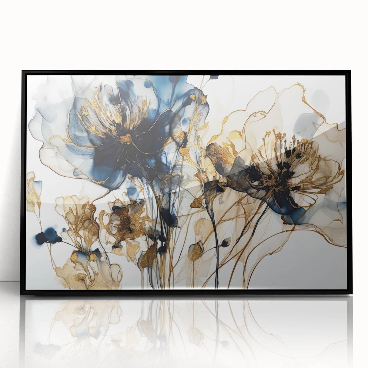 Abstract floral wall art framed in sleek black acrylic, showcasing vibrant colors and intricate details, perfect for modern home decor or office spaces. This piece adds a touch of elegance and artistic flair to any interior setting.