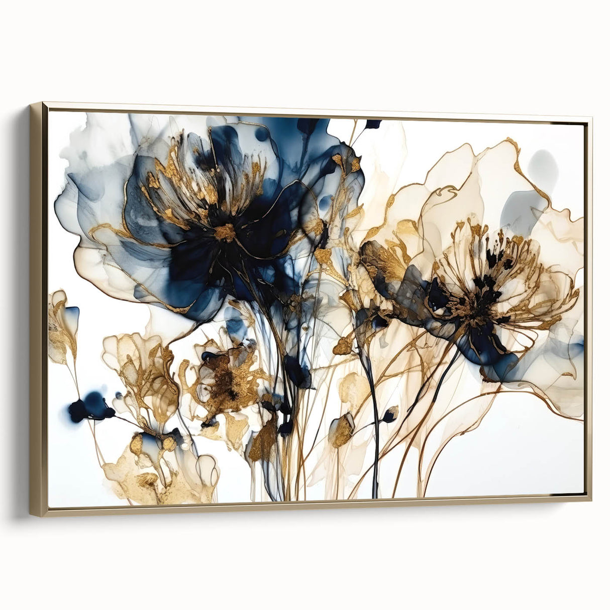 Framed canvas wall art showcasing an abstract floral design with gold accents, viewed from the side. Ideal for modern home decor, it adds elegance to any space.