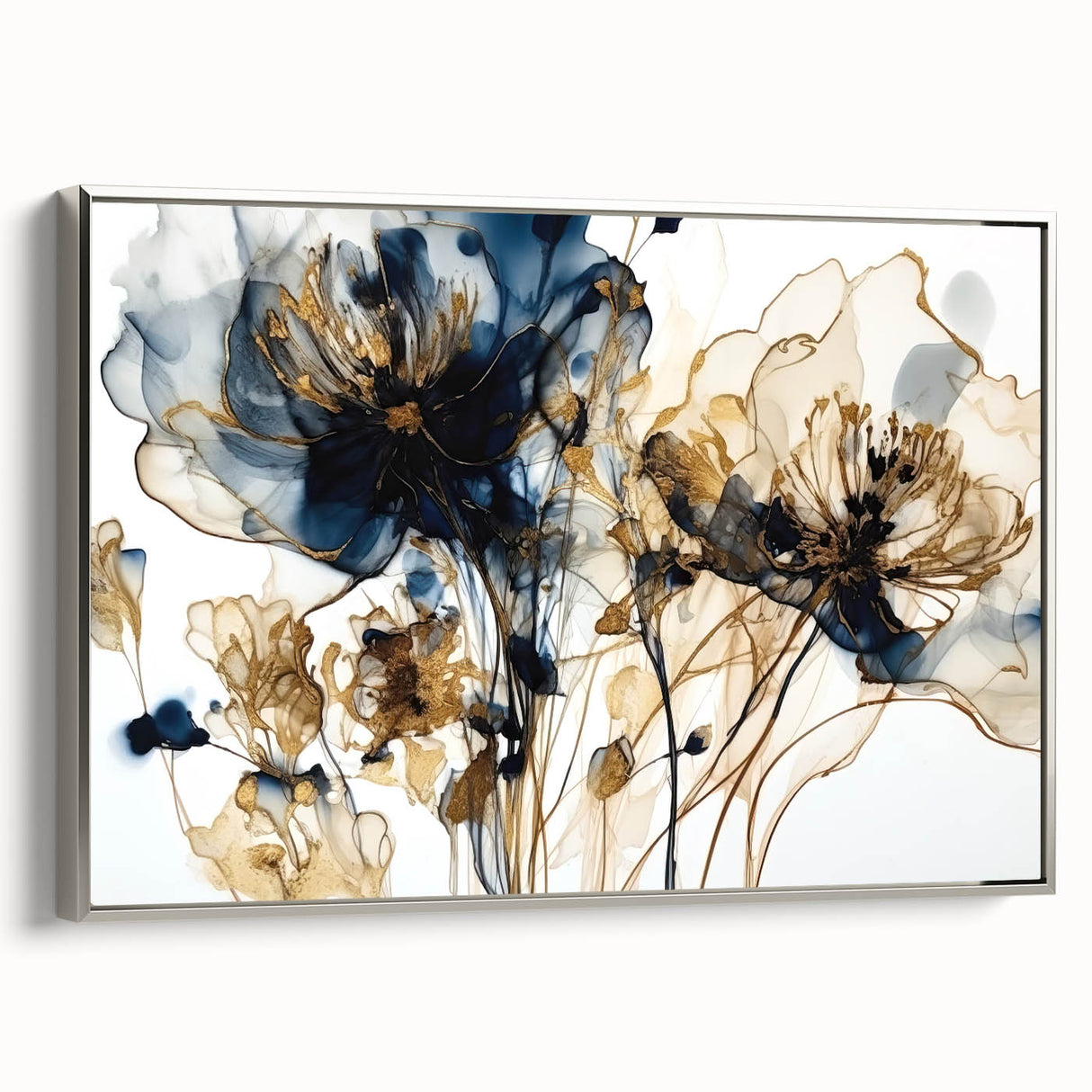 Framed canvas wall art showcasing an abstract floral design in vibrant colors, set in a sleek silver frame, ideal for modern home decor.