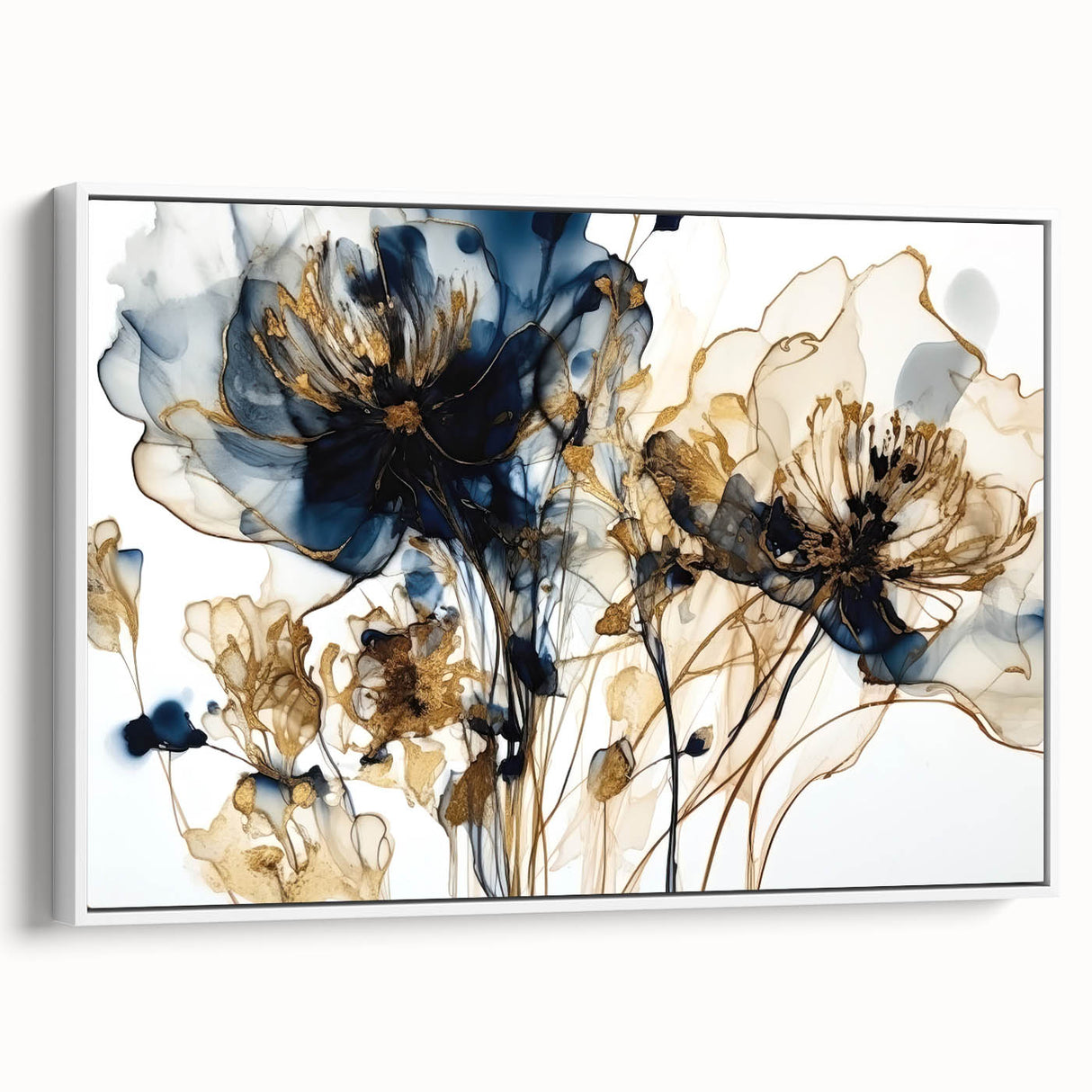 Framed abstract floral wall art in a white frame, showcasing vibrant colors and intricate details, displayed from a side view to highlight depth and texture.