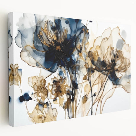 Abstract floral wall art on stretched canvas showcasing vibrant colors with a side view displaying its depth and texture, perfect for modern decor. Ideal for enhancing living spaces with a touch of elegance.
