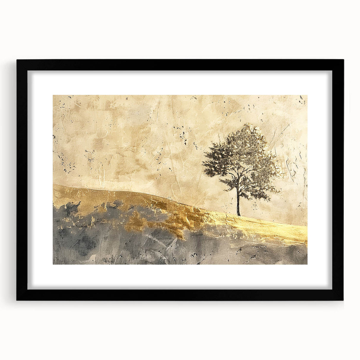 Abstract landscape wall art framed with a black mat, showcasing vibrant colors and dynamic shapes, perfect for modern home decor and artistic interiors.