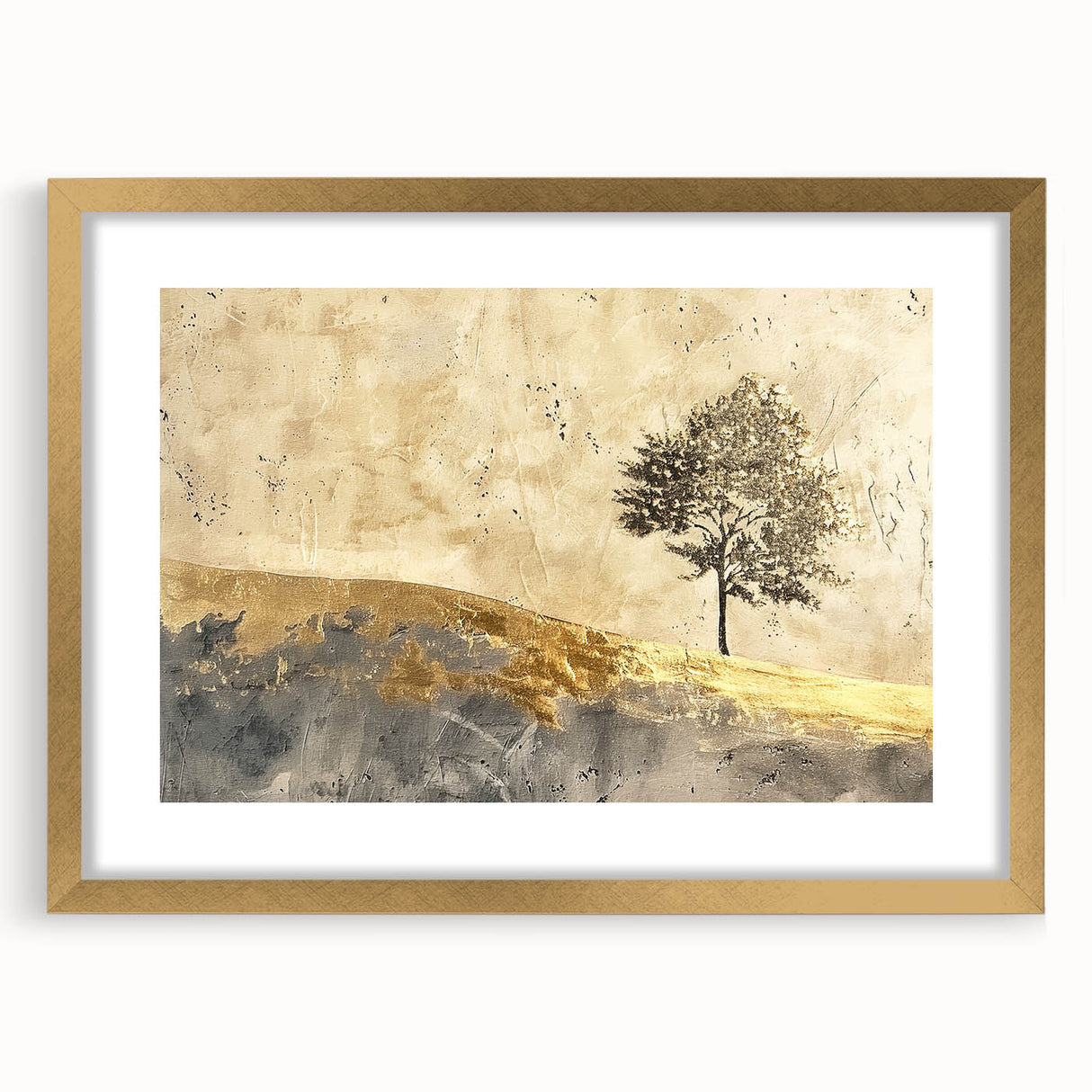 Abstract landscape wall art framed with a gold mat, showcasing vibrant colors and dynamic shapes, ideal for modern home decor and artistic expression.