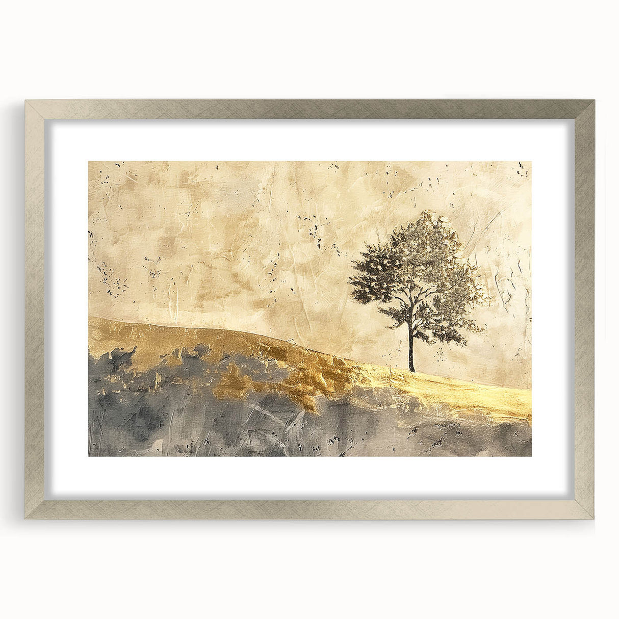 Abstract landscape wall art framed in silver with a mat, showcasing vibrant colors and intricate details, perfect for modern home decor and interior design.