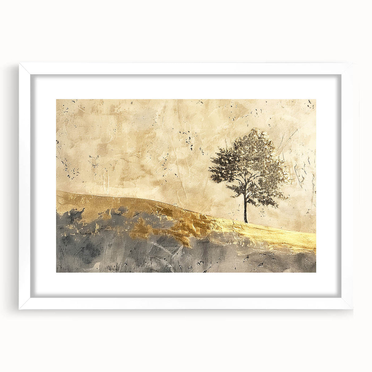 Abstract landscape wall art framed in white with a mat, showcasing vibrant colors and intricate patterns, ideal for modern home decor and interior design.