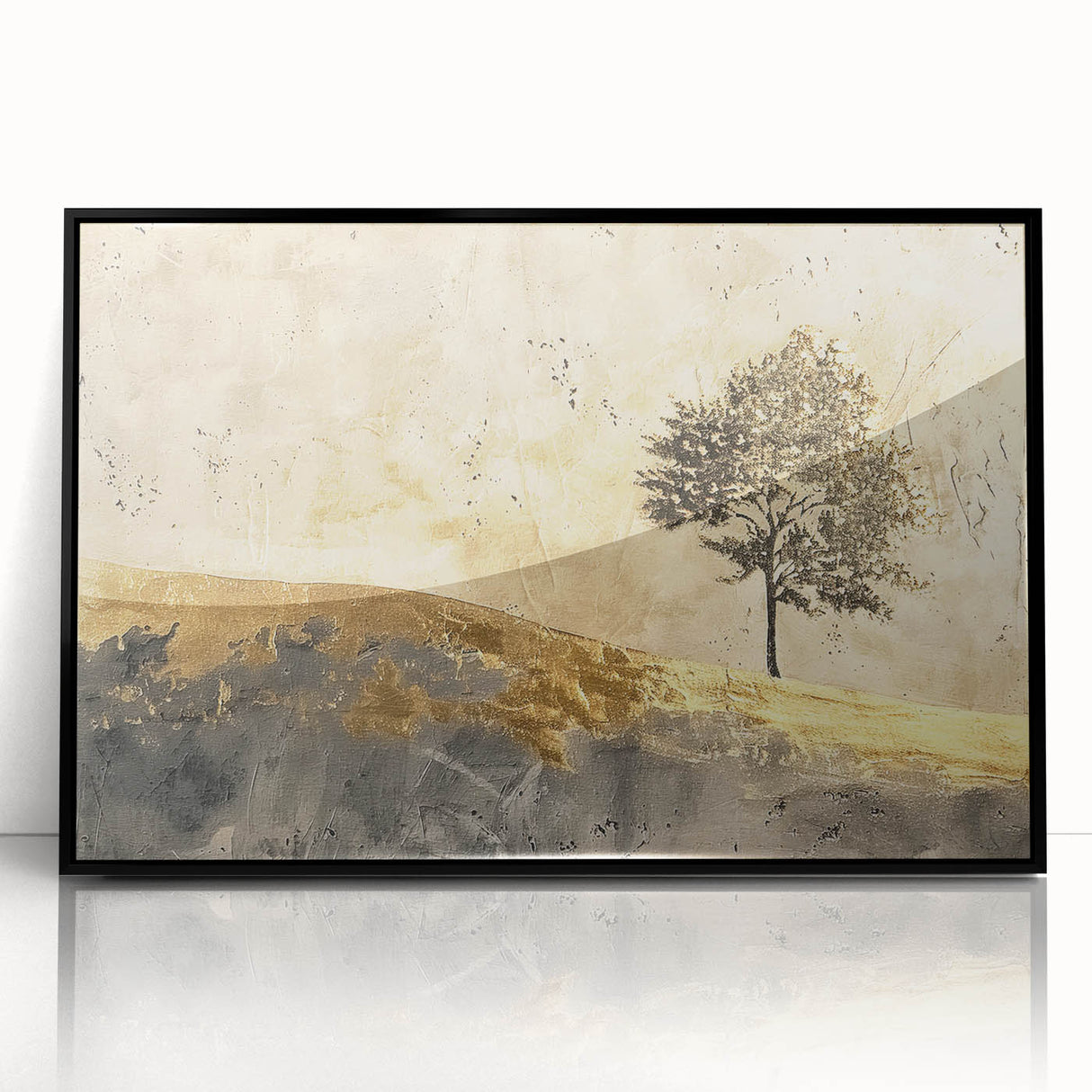 Framed abstract landscape wall art in acrylic, showcasing vibrant colors and intricate patterns, set against a sleek black frame, ideal for modern home decor.