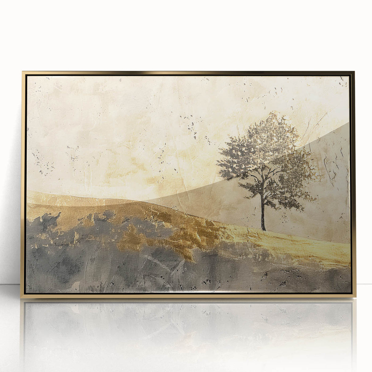 Framed abstract landscape wall art featuring vibrant gold and blue colors, designed to enhance modern home decor and add artistic flair to any room.
