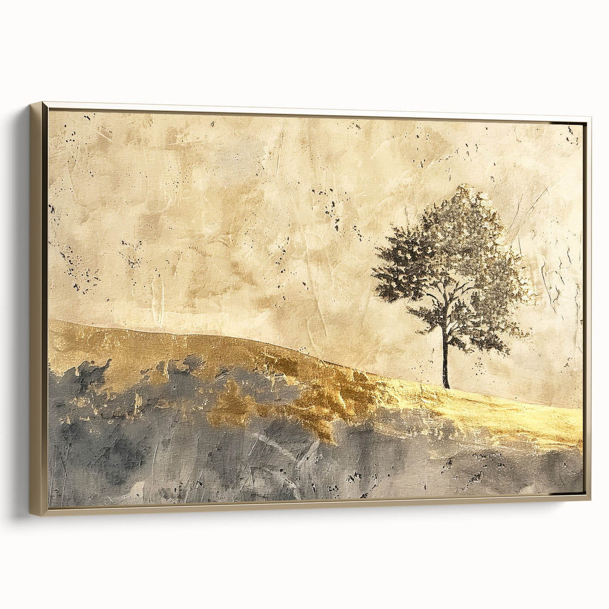 Framed abstract landscape wall art featuring gold accents and a textured canvas surface, showcasing a modern design ideal for home decor.