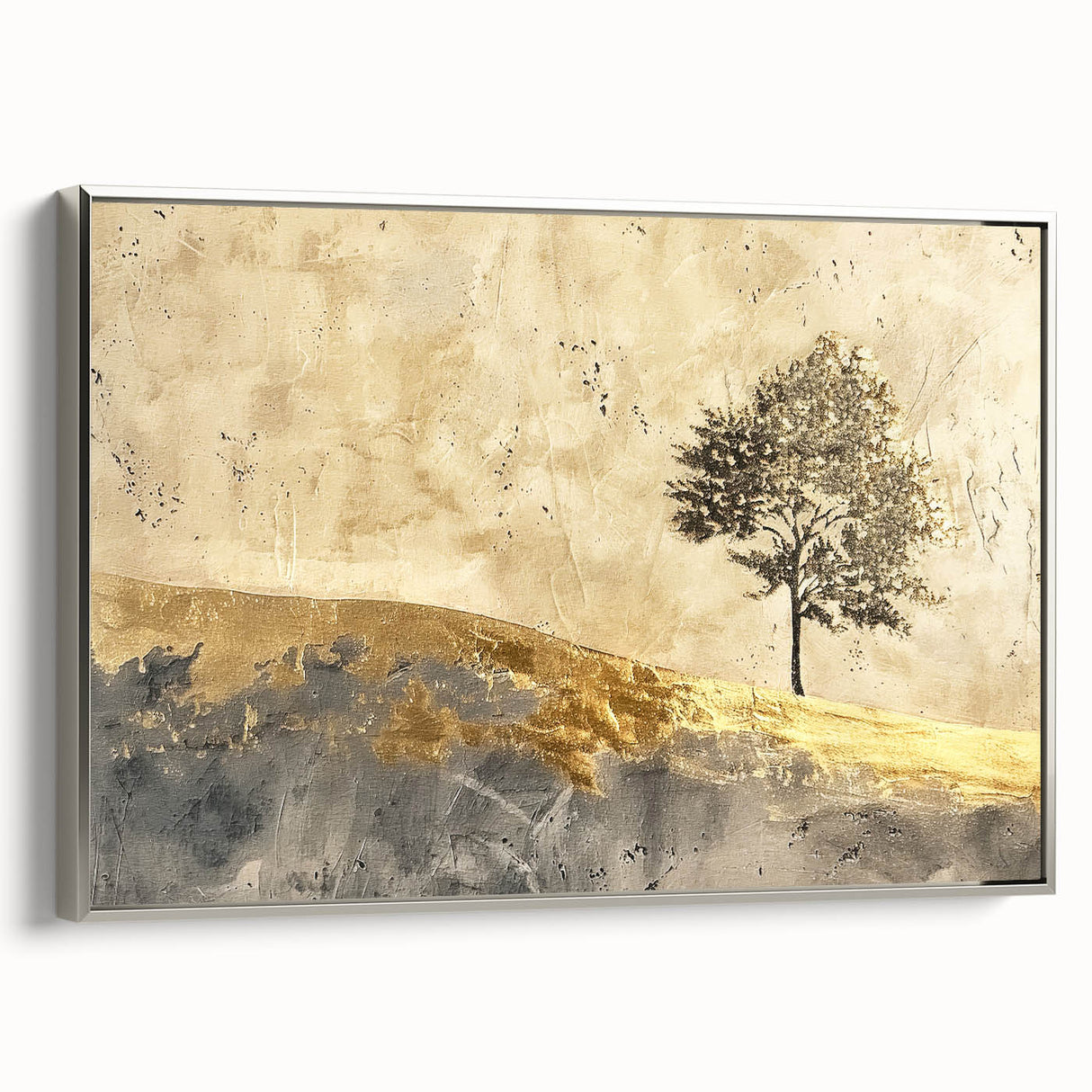 Framed canvas wall art showcasing an abstract landscape design with a silver frame, highlighting vibrant colors and intricate patterns, perfect for modern decor.
