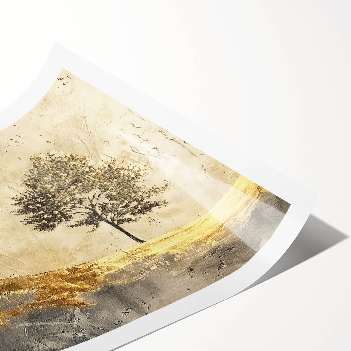 Abstract landscape wall art print showcasing vibrant hues of blue, green, and gold, ideal for modern home decor. Rolled and ready for framing or display.