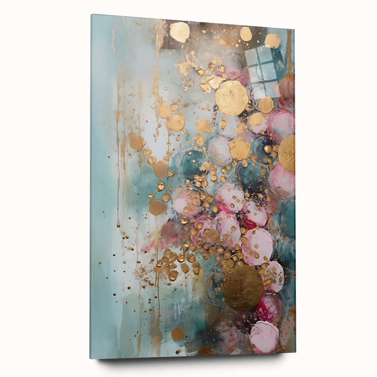 Abstract wall art print showcasing vibrant strokes in shades of blue, pink, and gold, displayed in a sleek acrylic frame, enhancing modern decor aesthetics.
