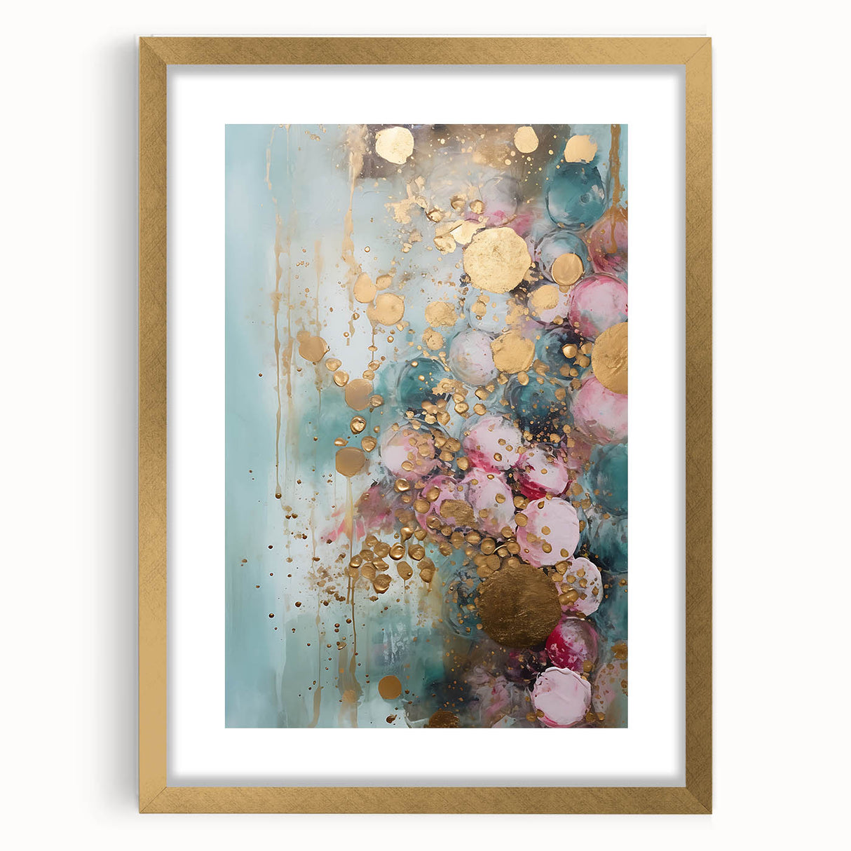 Abstract wall art featuring dynamic gold and black strokes in a sleek frame with a mat, ideal for modern decor, enhancing any living space with elegance.