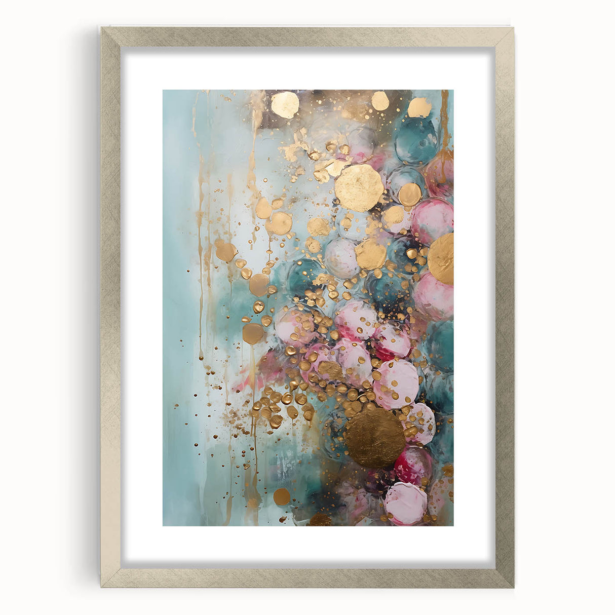 Abstract wall art featuring vibrant strokes in a silver frame with a mat, showcasing a modern design perfect for contemporary home decor. Ideal for adding color and style to any living space.