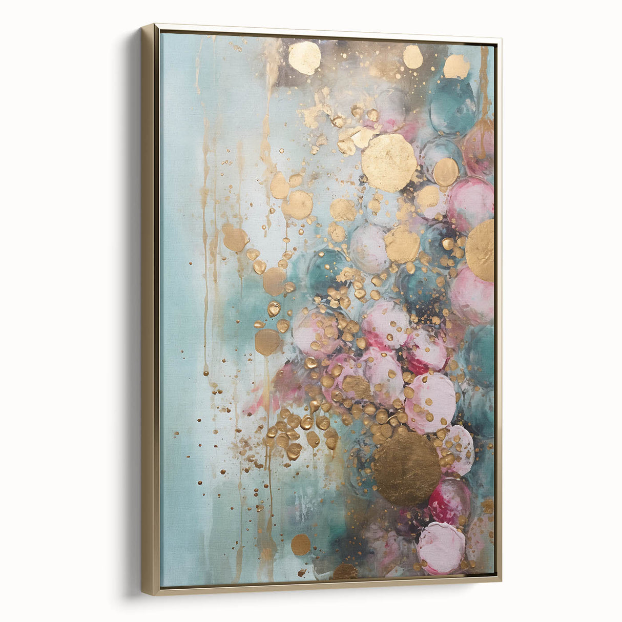 Framed abstract wall art featuring gold and vibrant strokes on a canvas, showcasing a modern design ideal for home decor, set against a neutral background.