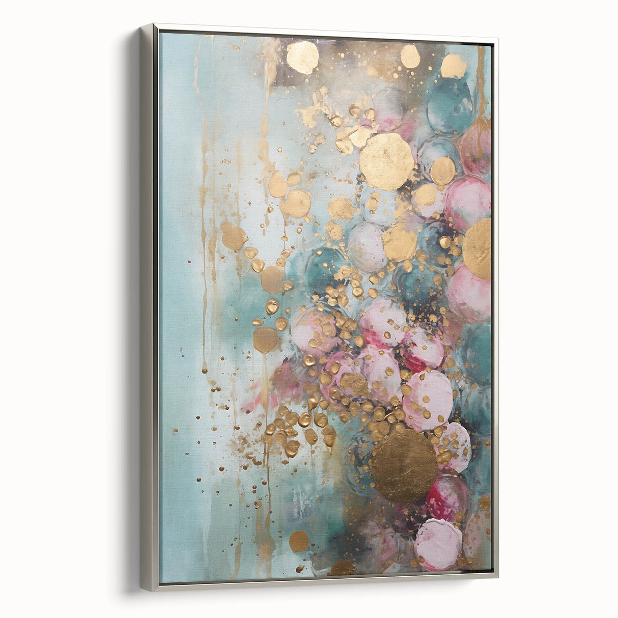Framed canvas wall art showcasing abstract strokes in silver and gray hues, perfect for modern home decor. Side view highlights its elegant design and frame.