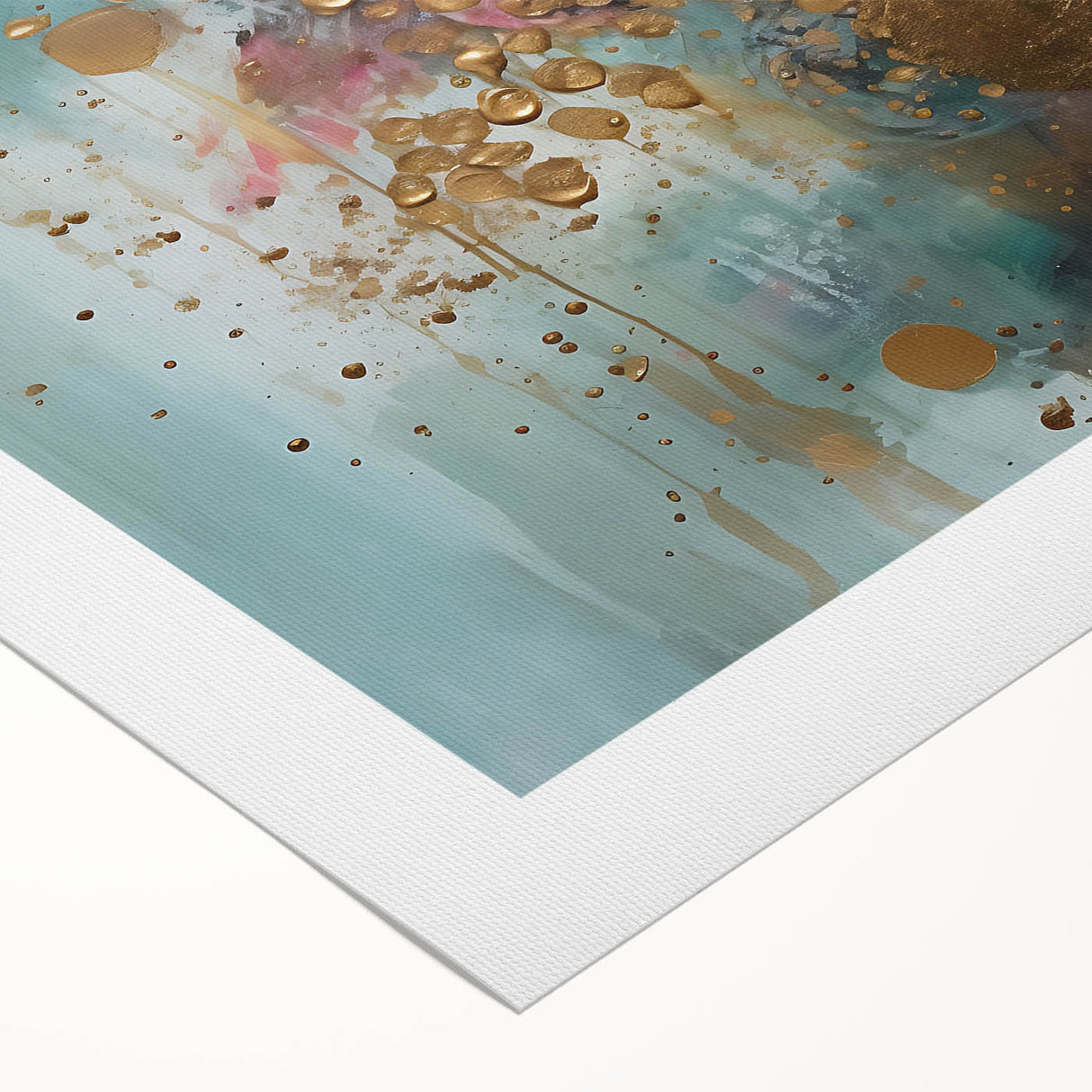 Abstract wall art design showcasing vibrant strokes in hues of blue, pink, and gold on rolled canvas, ideal for modern home decor and artistic enhancement.