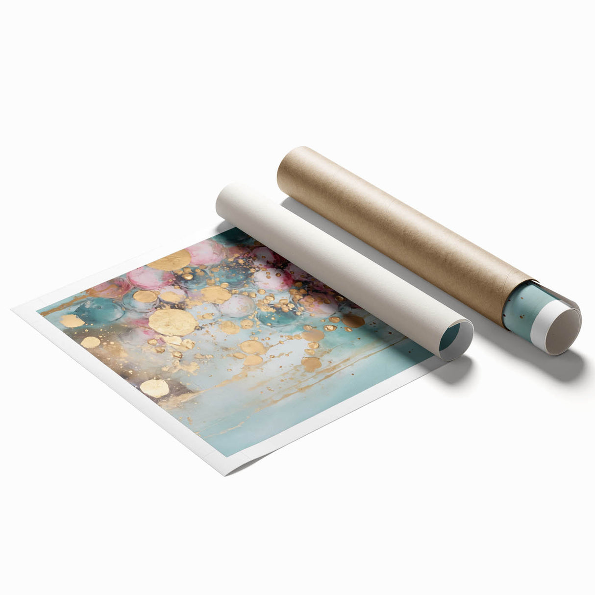 Abstract strokes wall art print in vibrant colors of blue, orange, and yellow, showcasing an artistic design ideal for modern home decor, elegantly rolled for easy display.